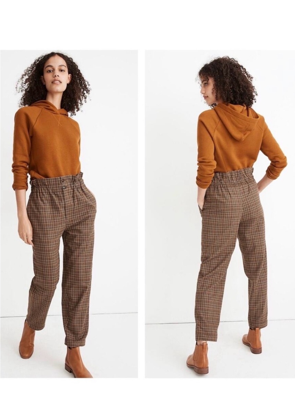 Madewell Paperbag Tapered Relaxed Trousers Brown Blue Plaid Flannel Feel Size 10